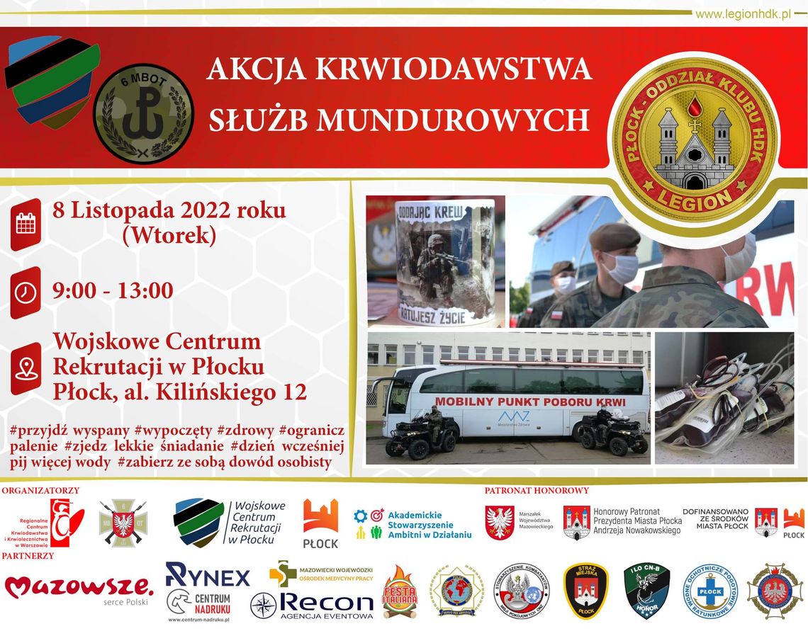 Mobilna akcja krwiodawstwa - "Służb Mundurowych" już  8 listopada w Płocku