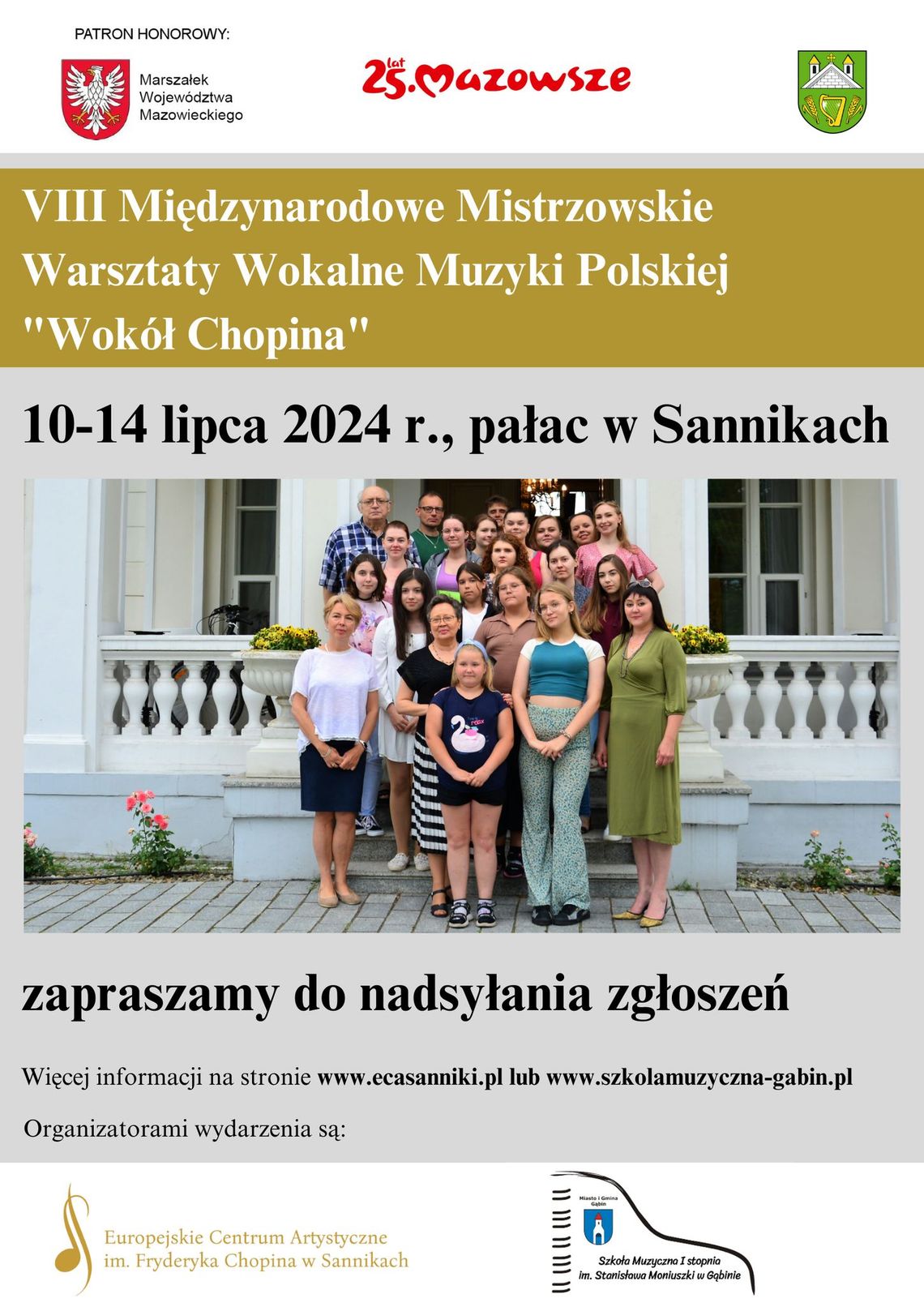 Zapisy na VIII Międzynarodowe Mistrzowskie Warsztaty Wokalne Muzyki Polskiej ,,Wokół Chopina” Sanniki 2024 Zapisy na VIII Międzynarodowe Mistrzowskie Warsztaty Wokalne Muzyki Polskiej ,,Wokół Chopina” Sanniki 2024